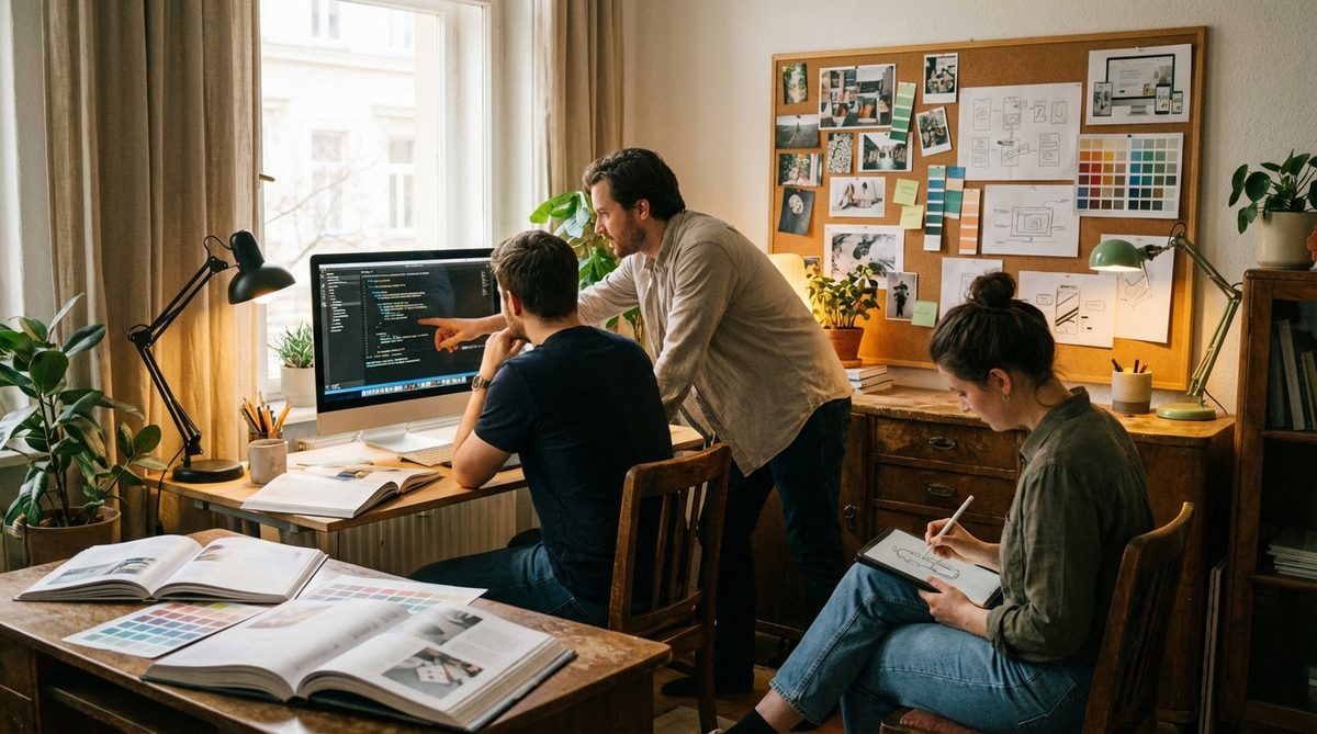 Small web design team collaborating around a desk with laptops and design sketches